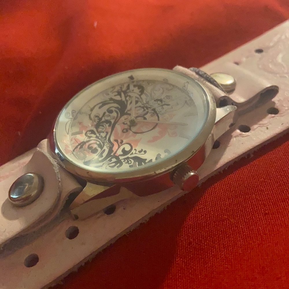 Pink/Black Plant Art Watch With Pink Leather Band